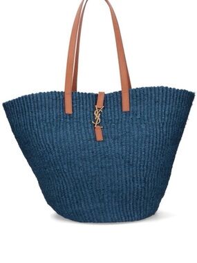 Saint Laurent Blue Woven Raffia Pannier Tote with Brown Leather Handles